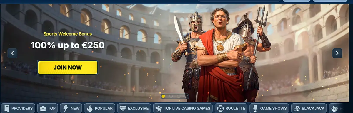 Casino homepage banner promoting a “Sports Welcome Bonus 100% up to €250” with a yellow “Join Now” button, set in a Roman colosseum scene with three gladiator-style characters, and category tabs below for providers, top, new, popular, roulette, game shows and blackjack.