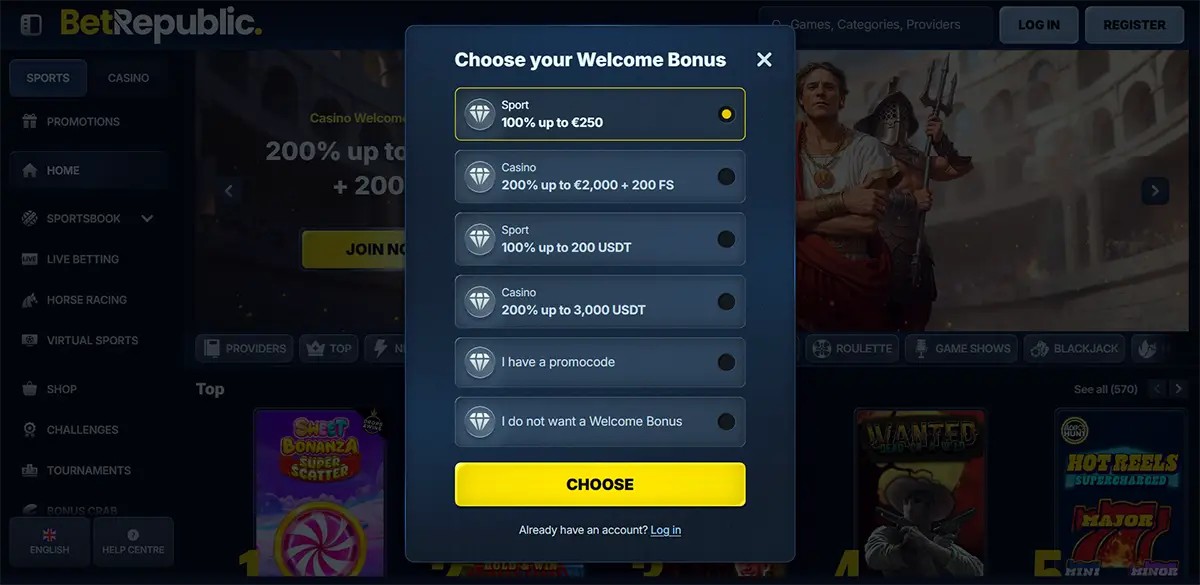BetRepublic screenshot with a modal titled “Choose your Welcome Bonus,” listing selectable Sports and Casino offers (e.g., 100% up to €250, 200% up to €2,000 + 200 FS, 100% up to 200 USDT, 200% up to 3,000 USDT), plus promo code and “no welcome bonus” options, and a large yellow “Choose” button.